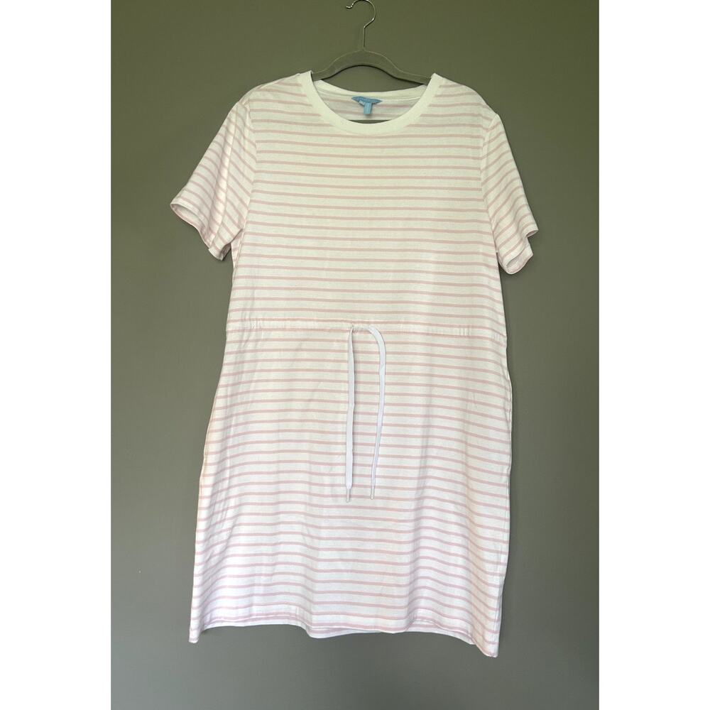 Draper James Tie Waist T-shirt Dress in Light Pink White Mariner Stripe - Large